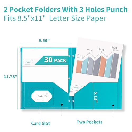 Binditek 30 Pack Heavyduty Plastic Folders with Clear Front Pockets, 2-Pocket Folders with Card Slot, 3 Hole Punched for Letter Size, for 3 Ring Bind