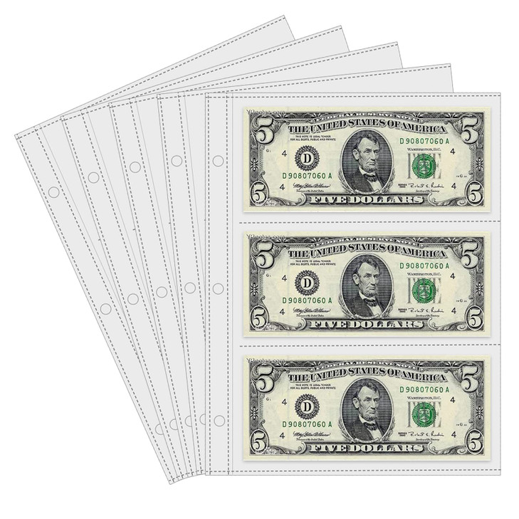 Currency Sleeves,50Pcs Page Protectors for 3 Ring Binder, 3-Pocket Banknote Sleeves, 8.5 x 11, Dollar Bill Holder for Collectors, Paper Sleeves for C