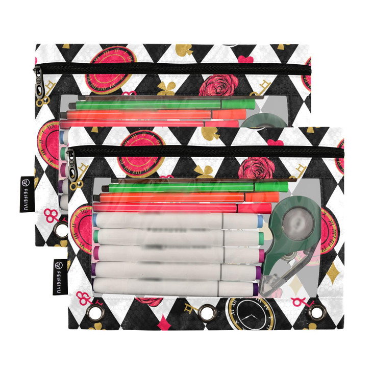 Fustylead Alice Chess Board Big Capacity Pencil Bag Fits 3 Ring Binders, Waterproof Pencil Case with Clear Window for School Class Office Children Su