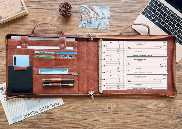 Gvalant 7 Ring Check Binder Vegan Leather Portfolio for 3-Up Business Size Checks, with Handle and Zippered Briefcase with 500 Check Capacity?9 x 13