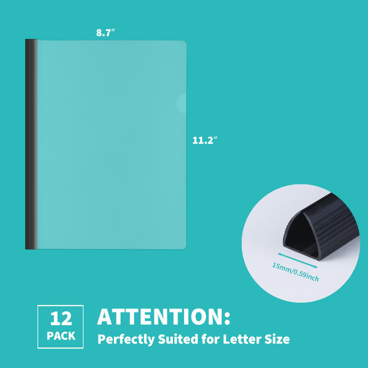 Binditek 12 Pack Heavyduty Clear Report Covers with Sliding Bars, 110 Sheet Capacity, 15mm Sliding Bar File Folder, Letter Size, 8 Mil Thick, Black,