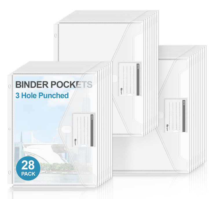Agoer 3 Ring Binder Pocket,28 Pack Heavyweight Plastic Folder with Hook and Loop Closure,Letter Size clear Poly Envelope with Pockets and label,Binde