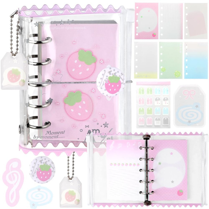 ?Kawaii M5 5 Rings Binder Notebook PVC Pink Strawberry Loose Leaf Binder Refillable Spiral Notebooks Daily Journal Cute Small Zipper Pocket Notebook
