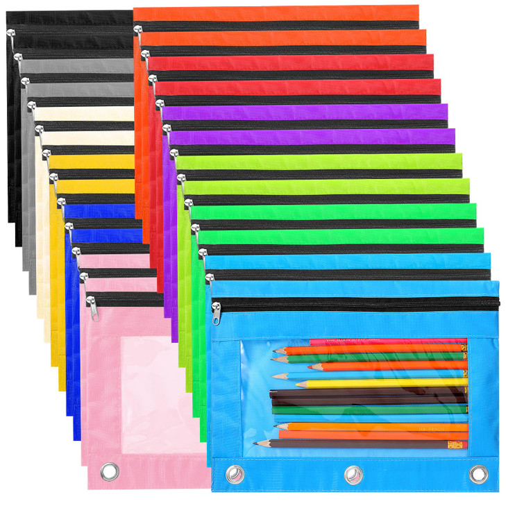24 Pack Pencil Pouch for 3 Ring Binder, 12 Colors Zipper Pen Pouches Bags with Clear Window, 10x7.3 Inch Durable Cloth Pencil Case for Office Supplie