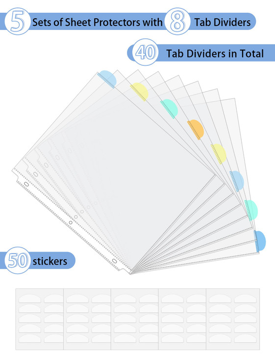 GAUENEEN 40 Pcs Clear Sheet Protectors with Tabs for 3 Ring Binder, Binder Dividers with 8 Tabs, Clear Plastic Notebook Page Dividers with Pockets, 5