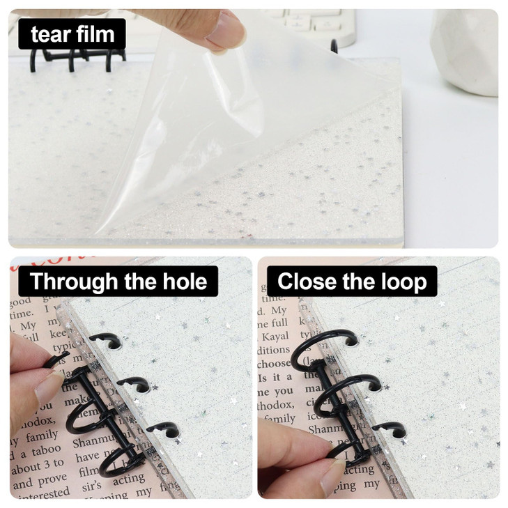 MultiBey A5 Binder 6-Ring Glitter Acrylic Notebook Cover, Black Metal Round Ring with 45 Sheets Lined Inner Papers, A5 Loose Leaf Personal Planner Bi