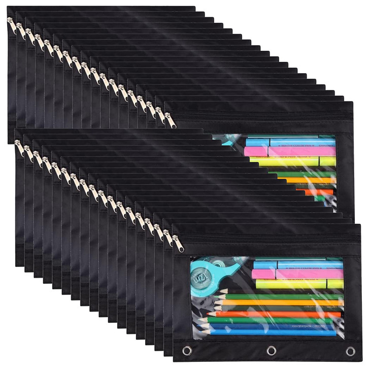 YoeeJob 36 Pack Zipper Pencil Pouch for 3 Ring Binder with Clear Window for School and Office Supplies (Black)