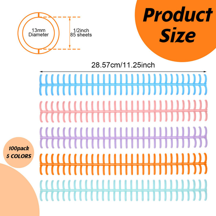 100 Pcs Comb Binding Spines 1/2" Diameter 30 Ring Plastic Binder Combs and Spines Binding Easy Edit Spines for Teacher Student Document Notebook File