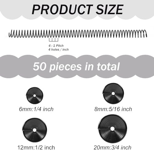 50 Pack Plastic Spiral Binding Coils 4:1 Pitch Spiral Binding Coils Binding Kit Multi Size Black Spiral Binding 1/4 5/16 1/2 3/4 Inch