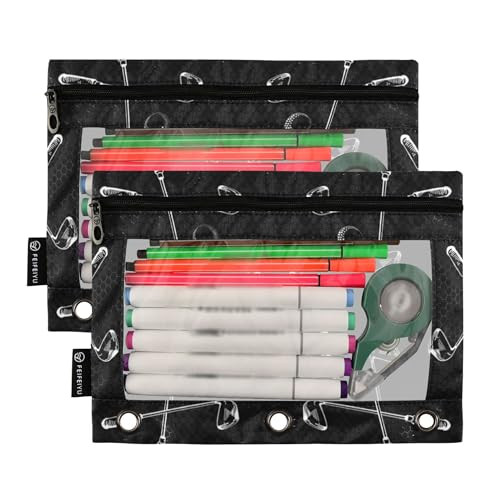 Glaphy Golf Balls Theme Pencil Pouch for 3 Ring Binder, 2 Pack Pencil Case Clear Window Zipper Pencil Pouch Cosmetic Bag for Office Supplies