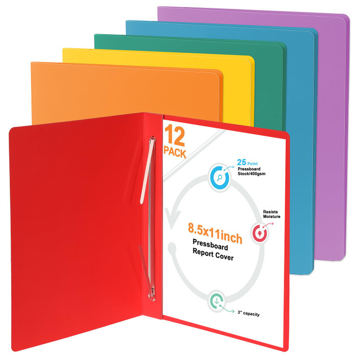 gisgfim 12 Pcs 8.5 X 11'' Pressboard Report Cover 3" Capacity Prong Clip Report Cover Metal Prong Fastener with Compressor Letter Size Presentation R