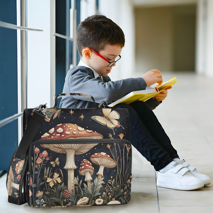 3 Ring Zipper Binder with Shoulder Strap Mushrooms Flowers Butterflies (2) 1.5 inch Binders Keeper Large Capacity Multi Pockets for School Office Sup
