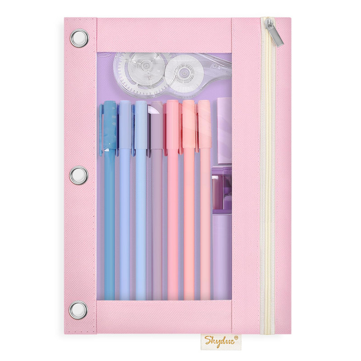 SKYDUE 3 Ring Pencil Pouch Case for Binder, Zipper Pencil Pouches for Girls Boys, Clear Window Pencil Bag,Pencil Case with Smooth Zipper