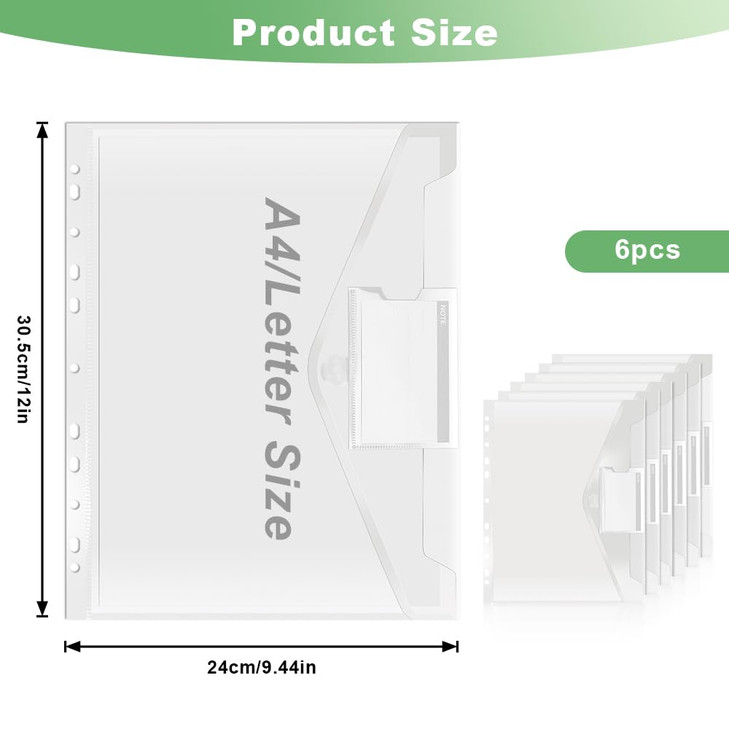 Clear Binder Folders, 6pcs Binders Pocket, Binder Organizer with 11 Holes, Letter Size, Plastic Envelopes with Snap Closure & Label Pocket, Clear Fol