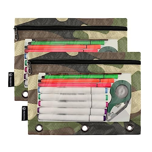 SUABO Military Camo Pencil Pouch for 3 Ring Binder, Pencil Case with Clear Window, 2 Pack