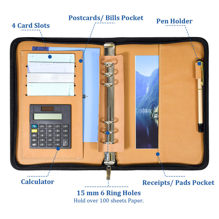 SAYEEC Leather Portfolio Notebook Binder with Calculator A5 6 Ring Refillable Budget Planner Binder Cover with Zipper Zippered Padfolio Organizer Bus