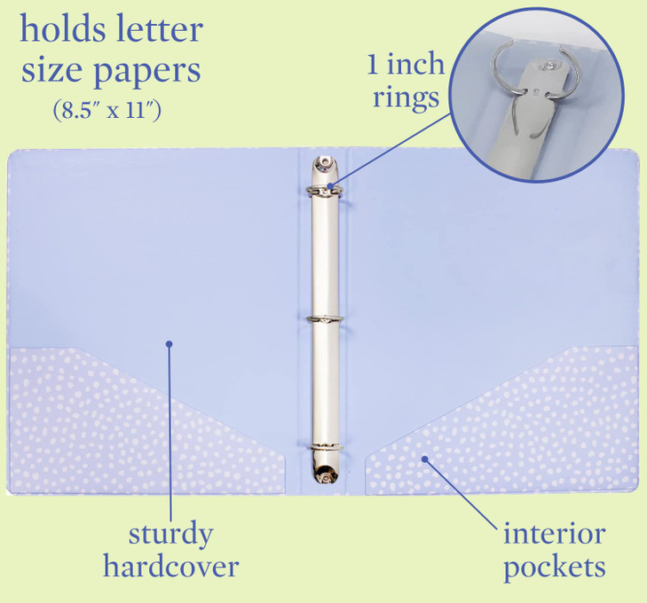 Steel Mill & Co Cute Decorative Hardcover 3 Ring Binder for Letter Size Paper, 1 Inch Round Rings, Binder Organizer for School/Office, Light Blue Dot