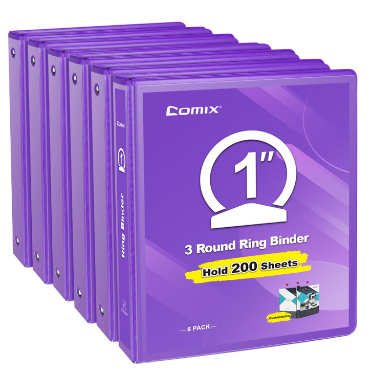 COMIX 3 Ring Binder 1 inch with Clear View Cover, 1" View Binder Holds 200 Sheets of US Letter Size Paper, 6 Pack (Purple)