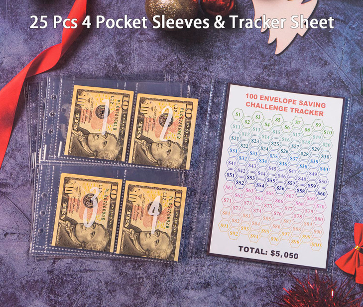 25 Pcs 4 Pocket 100 Envelopes Money Saving Challenge Sleeves and Tracker Sheet Protector, Fit for 6 Ring A5 Binder, Pre-Printed 1~100 Numbers Money P