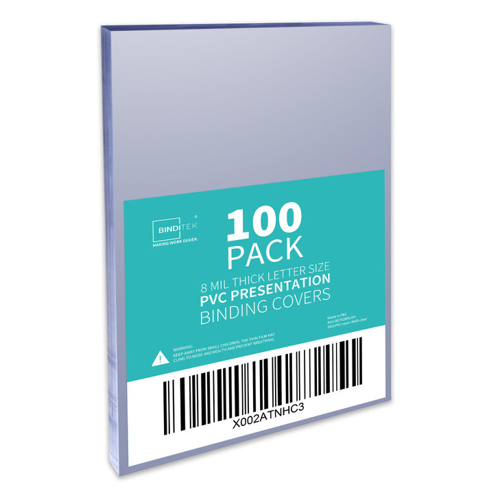 Binditek 100 Pack 8mil PVC Clear Binding Presentation Covers, Letter Size, 8.5 x 11 Inches, Square Corners, Un-Punched, Office Supplies