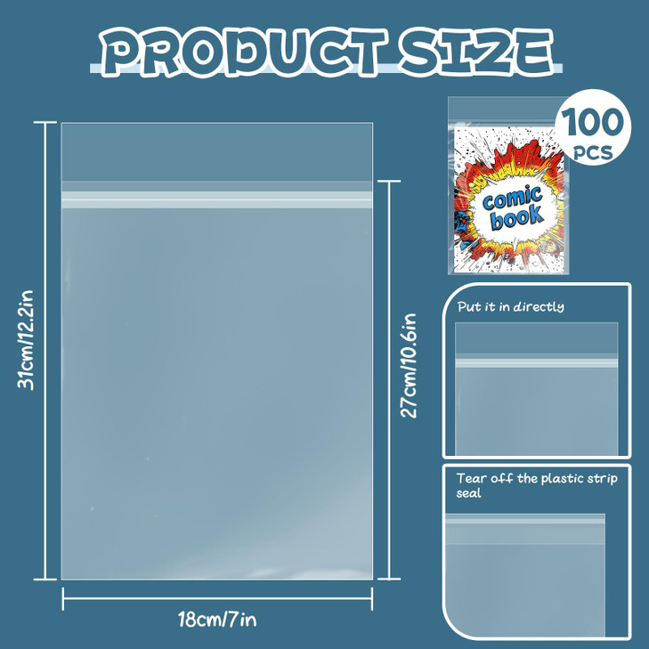 VOKOY 100 Pack Resealable Current Size Comic Book Bags, Crystal Clear Self Sealing Comic Sleeves Storage Protection for Regular Comics Magazine Stora