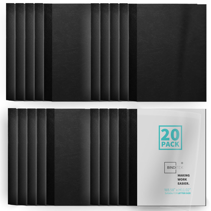 Binditek 20 Pack Thermal Binding Presentation Covers, 1/16 Inch Spine Holds 15 Sheets, Ultra Clear Front Cover, Black Paper Back Cover, Letter Size,