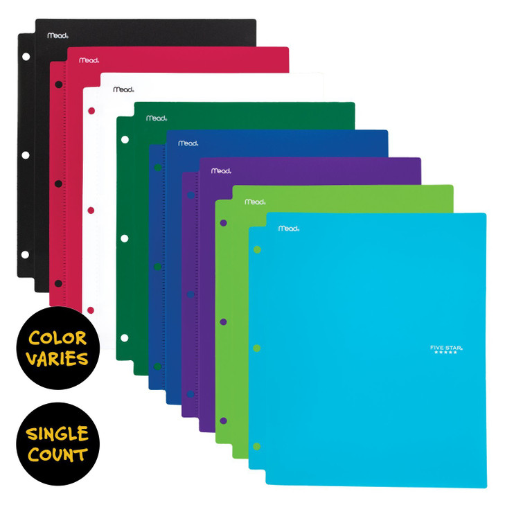 Five Star 2 Pocket Folders with Prong Fasteners, Folder with Pockets, Plastic, Color Selected For You, 1 Count (34084)