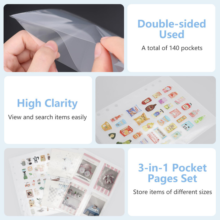 Dajino 30 Sheets Clear Binder Sleeves 1/2/4 Pocket Sheets Protectors Double Sided Plastic Sleeves for Photo Card Sticker Storage Organizer 6 Ring A5