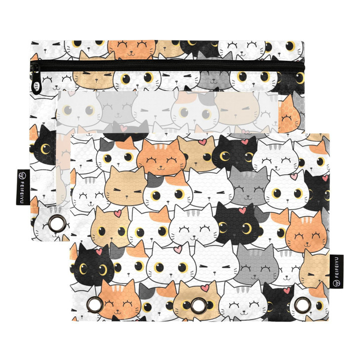 Cat Kitten Cartoon Binder Pencil Pouch for 3 Ring Pencil Pouch with Zipper Clear Window Pencil Case Pencil Pouches Bags for Office Supplies Travel Co