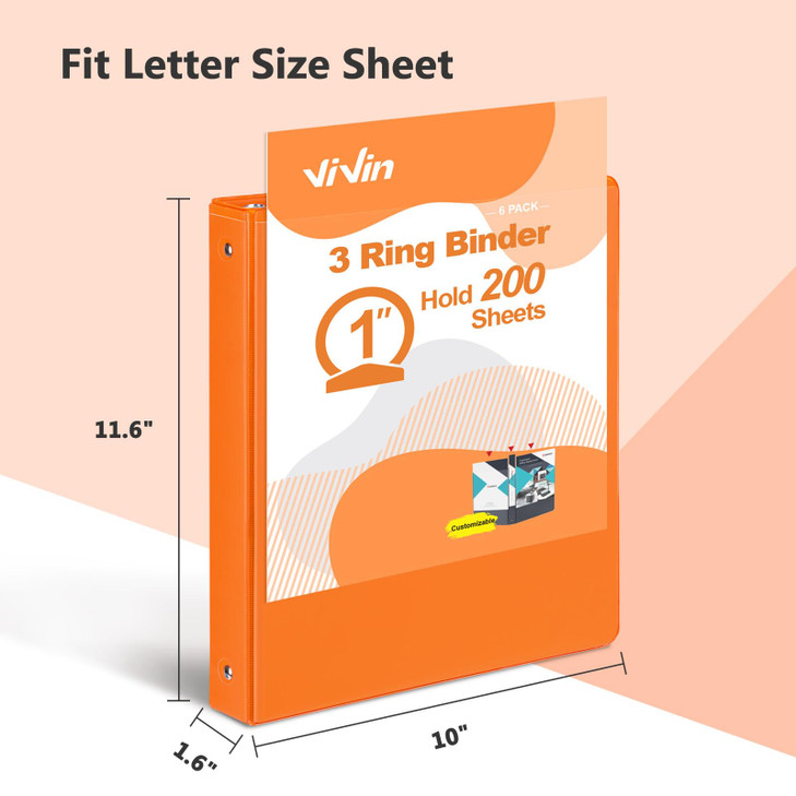 ViVin 1 Inch Round Ring View Binder for Durability, Standard 3 Ring Binder for 200 Sheets of US Letter Size Paper, PVC-Free, 6-Pack (Orange)