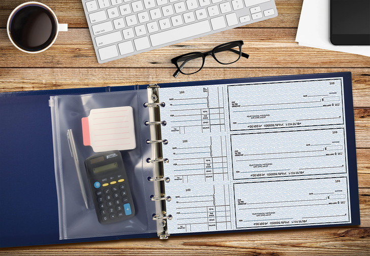 Better Office Products 7 Ring Executive Check Binder with Zipper Pouch, Padded Blue Textured Cover, for 9" x 13" 3 Per Page Business Checks, 600 Chec