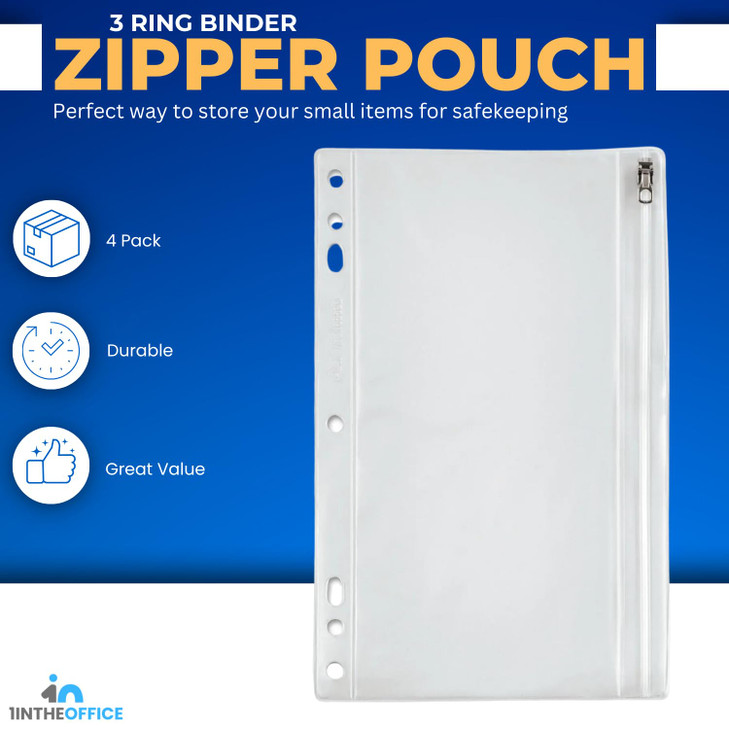 1InTheOffice Clear Pencil Pouch For 3 Ring Binder, Ring Binder Pockets with Zipper, Vinyl, 4 Pack