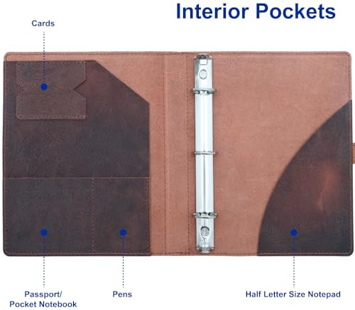 Fan&Ran Leather Mini 3 Ring Binder for 5.5"x8.5" Paper, 1" Round Rings, Interior Pockets & Snap Closure, Half Letter Size, Vintage Brown