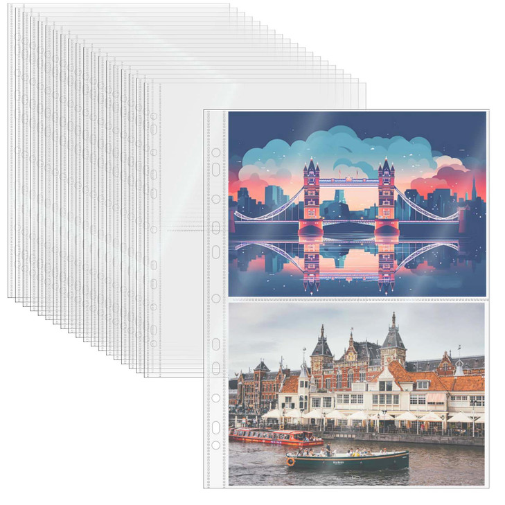 Mogoostry A4 Clear Sheet Protectors 2 Pocket Binder Sleeves 20 Sheets 11 Holes Side Open Photo Album Refill Page Protector