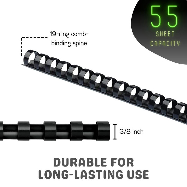 1InTheOffice Binding Combs, Comb Binding Spines, Plastic Binding Combs, 3/8 Inch, 55 Sheet Capacity, Black, 25 Pack