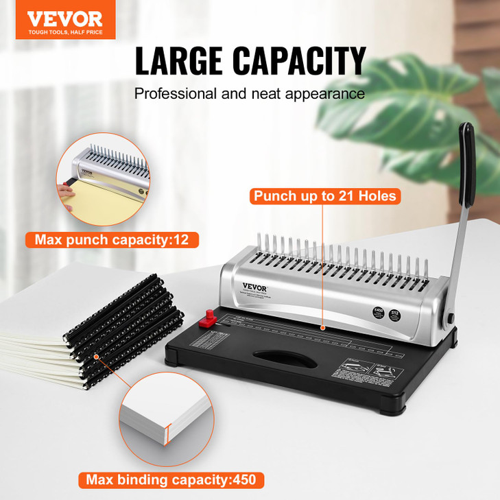 VEVOR Binding Machine, Comb Binding Machine 21-Holes Binding 450 Sheets, Book Binder Machine with 100 PCS 3/8'' Comb Binding Spines, for Letter Size,