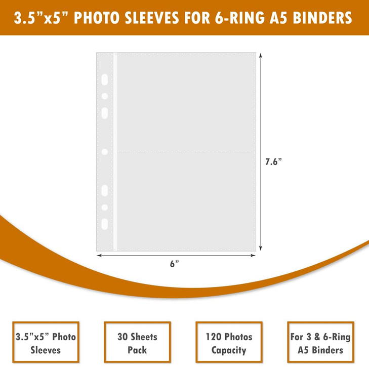 30-Pack 3.5"x5" Photo Sleeves for A5 6-Ring Binders and 3-Ring Mini Binders, 120 Pockets