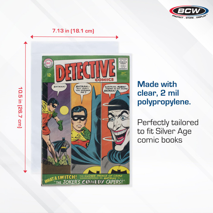 BCW Resealable Silver Age Comic Bags - 200 ct | Archival Quality, Acid-Free Protection for Silver Age Comic Books | 7 1/8 x 10 1/2 inches Comic Colle