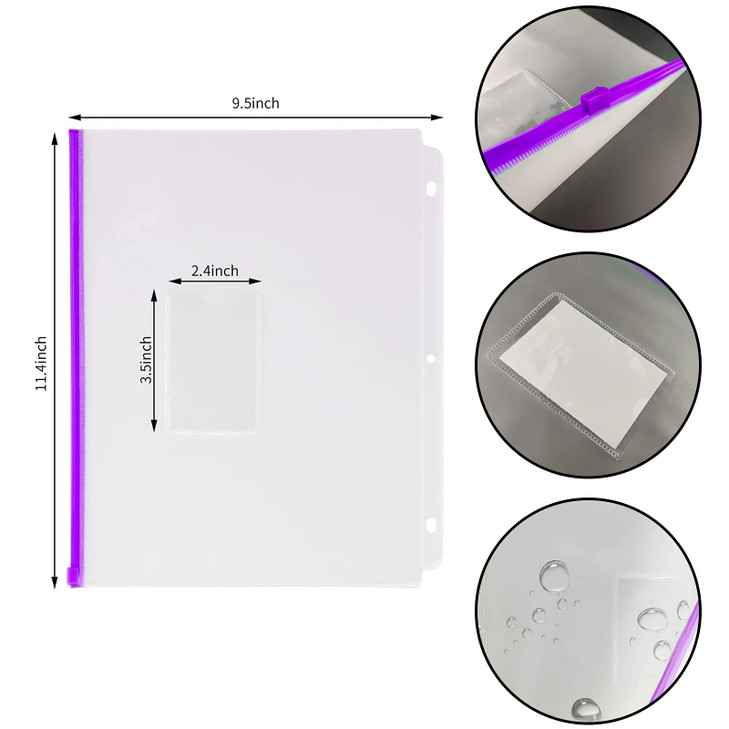 YoeeJob 8 Packs 3-Hole Clear Zipper Binder Pockets, Binder Insert Pages with Card Slots Suitable for School or Office to Organize Document, Assorted