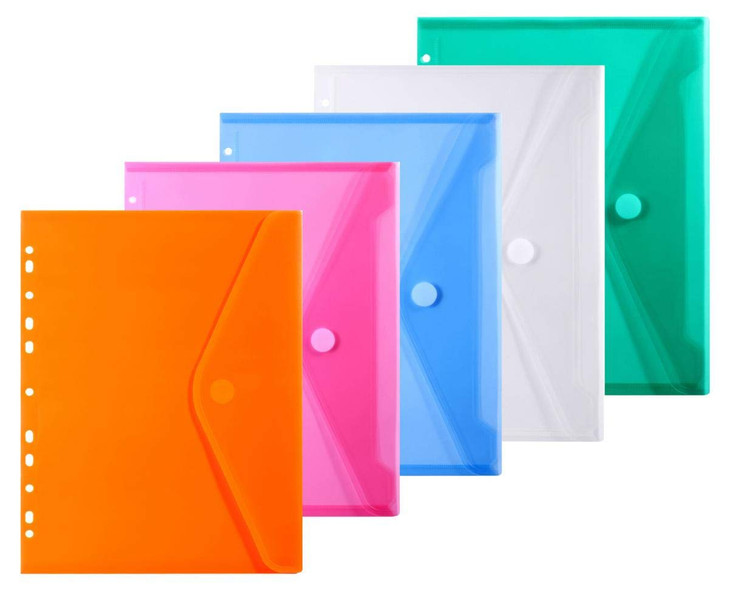 LaOficina 11 Holes Semi Poly Envelope Pocket Insert Pages for Binders, with Hook and Loop Closure Assorted Colors, Letter Size 5 Packs