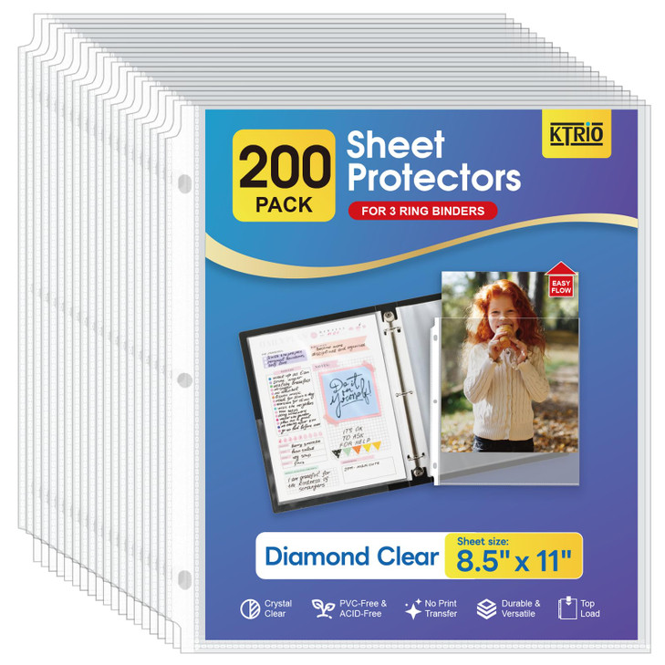 KTRIO 200 Pack Sheet Protectors 8.5 x 11 inch, Clear Page Protector for 3 Ring Binder, Plastic Sleeves for Binders, Top Loading Paper Sheets Document