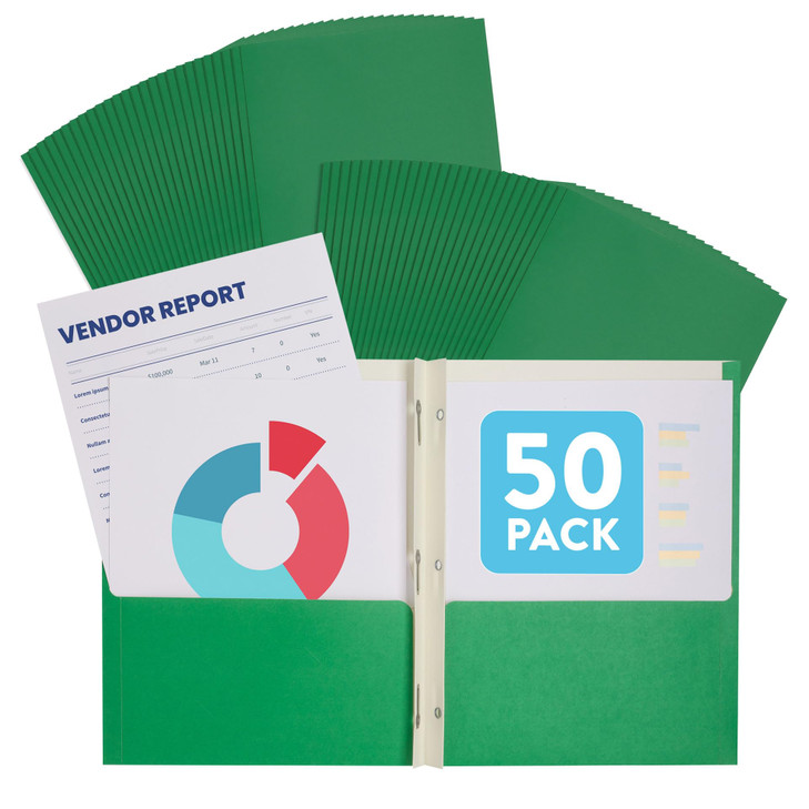 Green Folders with Pockets and Prongs, Green Pocket Folders with Prongs, Brad Folder, Paper, Fit Standard 3 Hole Punch Paper, 50 Pack