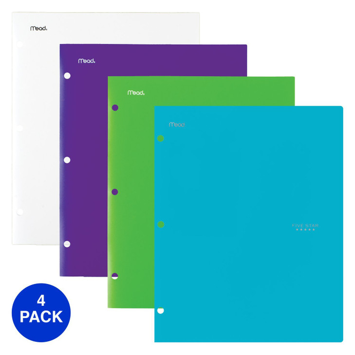 Five Star 4 Pocket Folders, Plastic, Folders with Pockets, Teal, White, Purple, Lime, 4 Pack (38076)