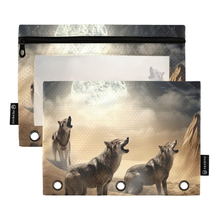 Kigai Pencil Pouch 3 Ring,Wolf Moon Zipper Pencil Pouches Case Binder Cosmetic Bag 2 Pack