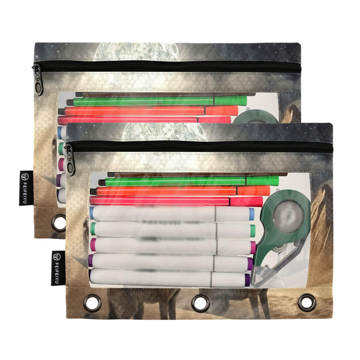 Kigai Pencil Pouch 3 Ring,Wolf Moon Zipper Pencil Pouches Case Binder Cosmetic Bag 2 Pack
