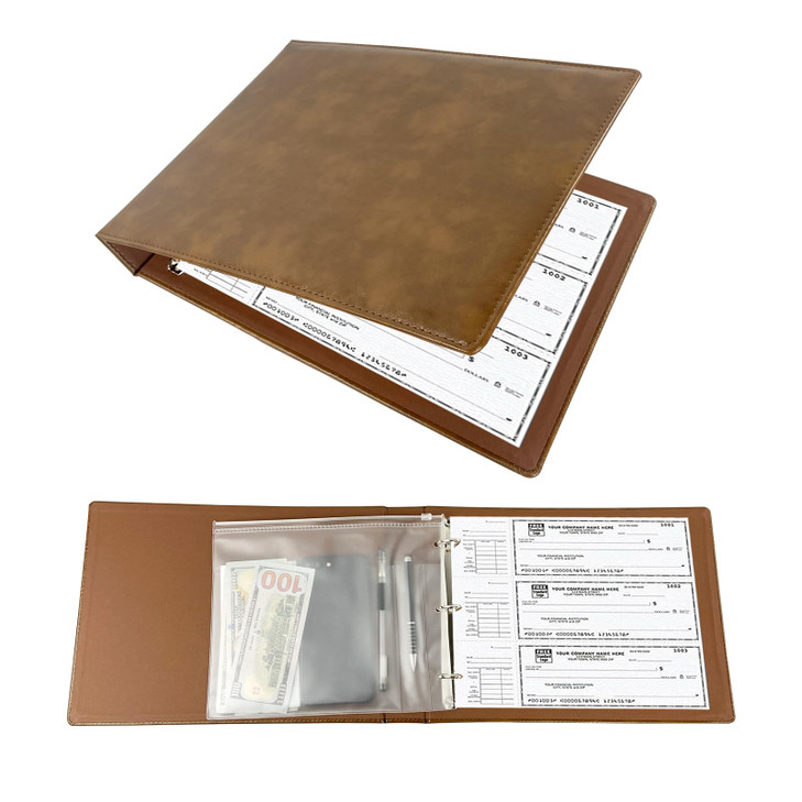 3 Rings Business Check Binder for End-Stub Deskbook Checks, Fit 3 & 9 Holes Check Faux Leather (11 1/4" x 9") (Brown)