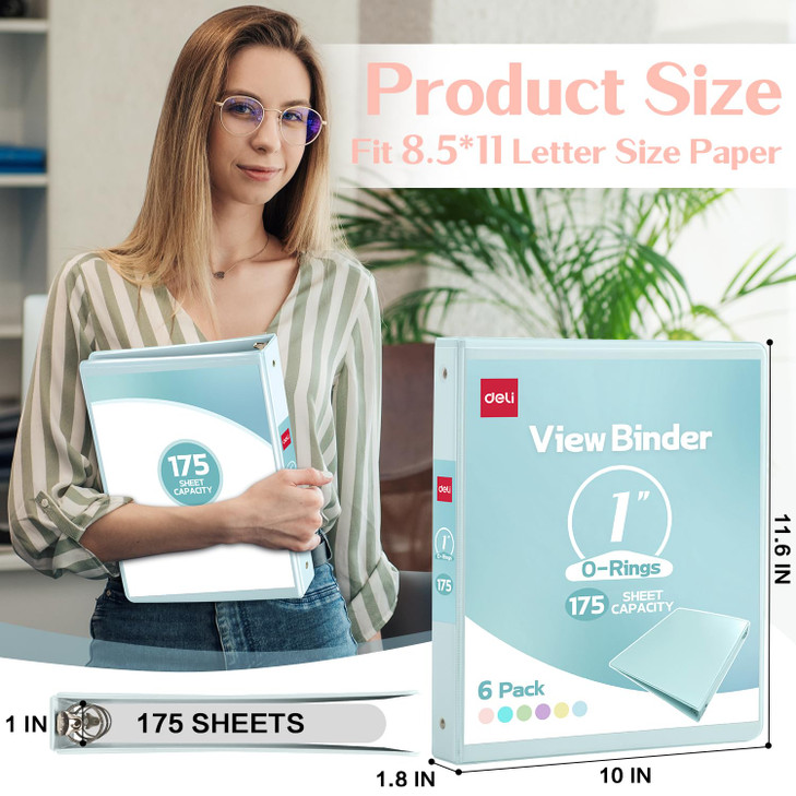 Deli 1-inch 3 Ring Binder with 2 Interior Pockets, 175 Sheets Capacity, 1 inch Binders fits 11" x 8.5" US Letter Size, Assorted 6 Pastel Colors, 6 Pa