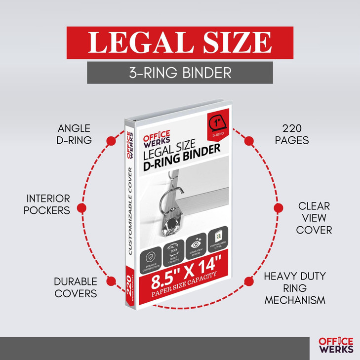 Office Werks Heavy Duty Legal Size View Binder - 14" x 8.5", White, 1 Inch D-Ring, Back Mount Binder
