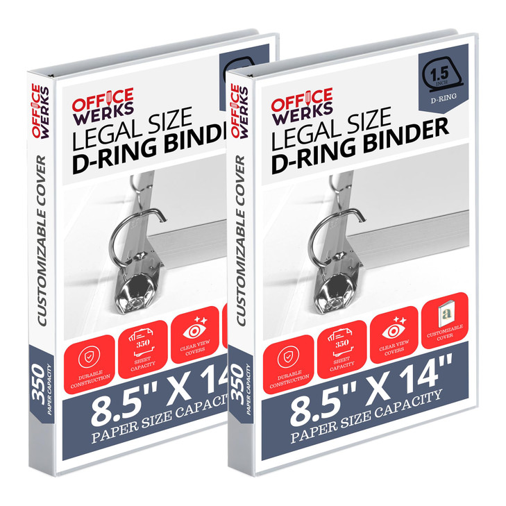 Performore - Office Werks Heavy Duty 2-Pack Legal Size View Binder - 14" x 8.5", White, 1.5 Inch D-Ring, Back Mount Binder