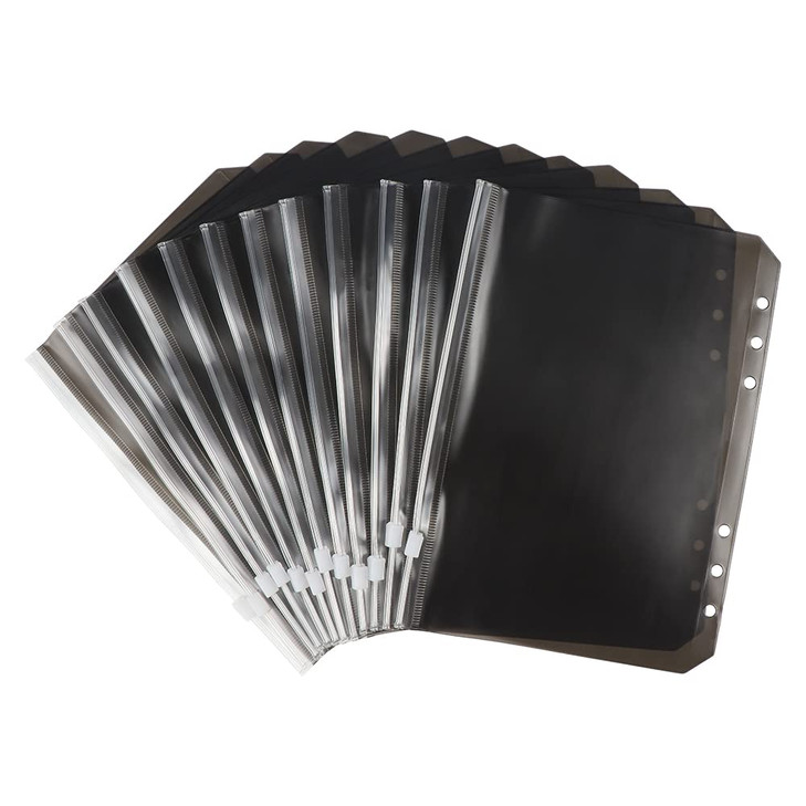 A5 Binder Pockets - Black Zipper Pouches, Translucent PVC Cash Budget Envelopes, 12pcs 6 Hole Document Filing Bags for Notebook Binder, Cash Organize